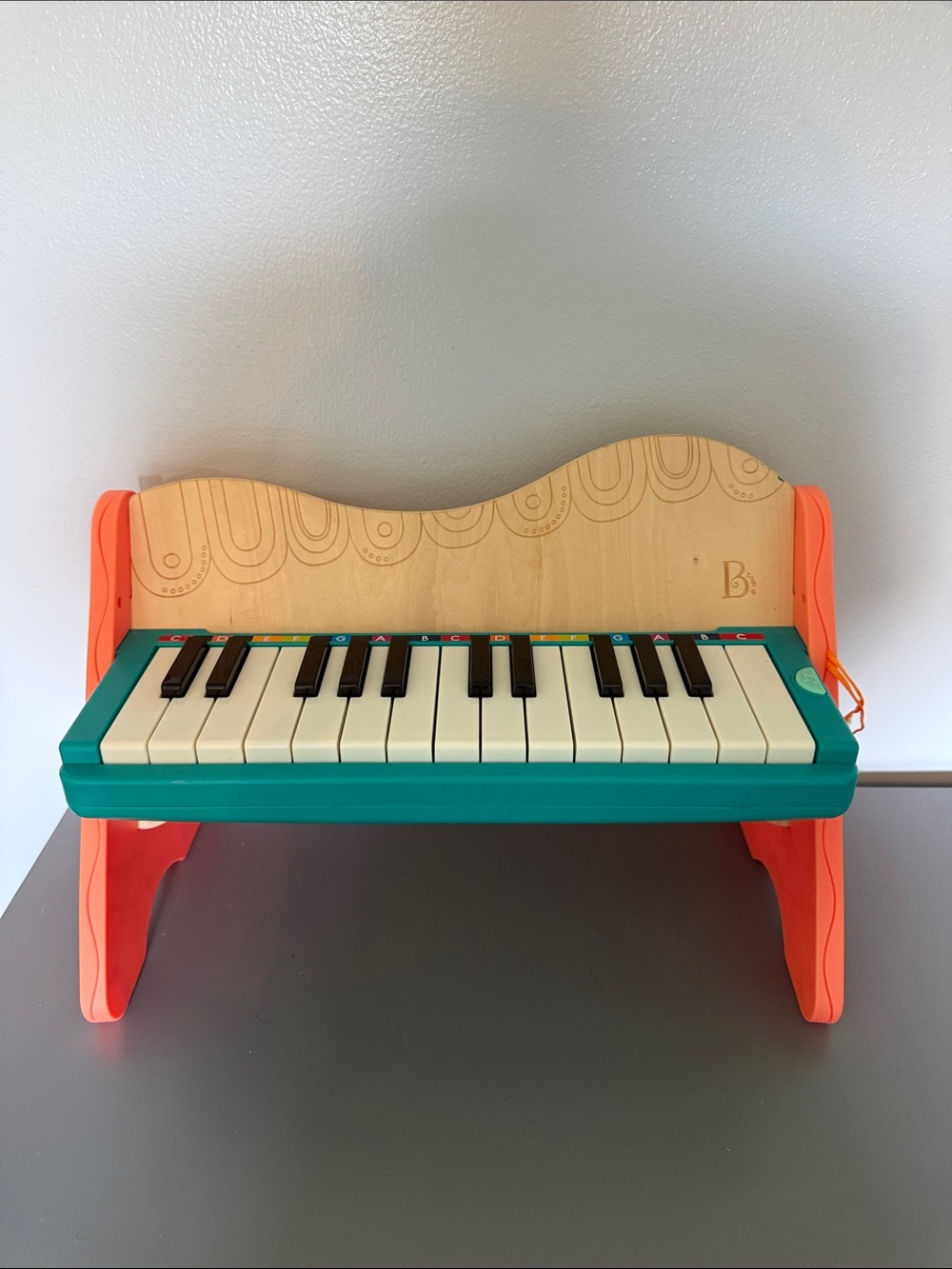 Kids Wooden Piano in Teal and Orange - Colorful Toddler Keyboard